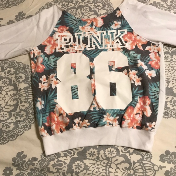 PINK Victoria's Secret Sweaters - Pink off the shoulder floral sweatshirt